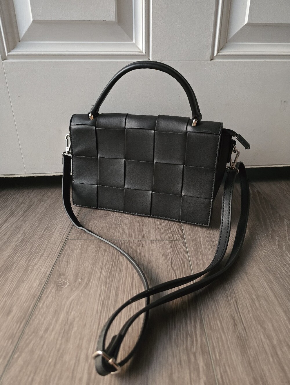 EN Expressions NYC Black Woven Crossbody Bag Top Handle Vegan Leather Purse